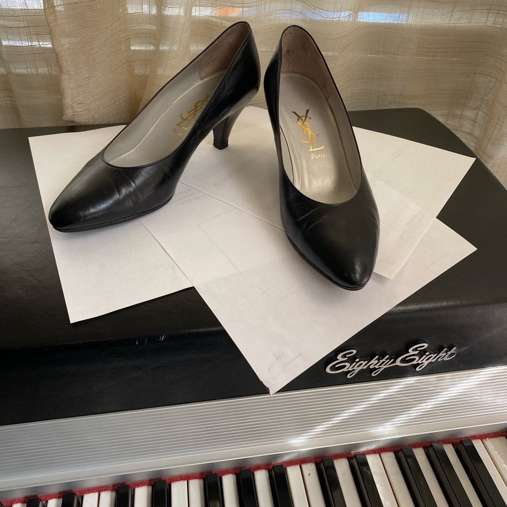 Yves Saint Laurent Black Leather Pumps heels YSL Paris slip on mules slides 36.5